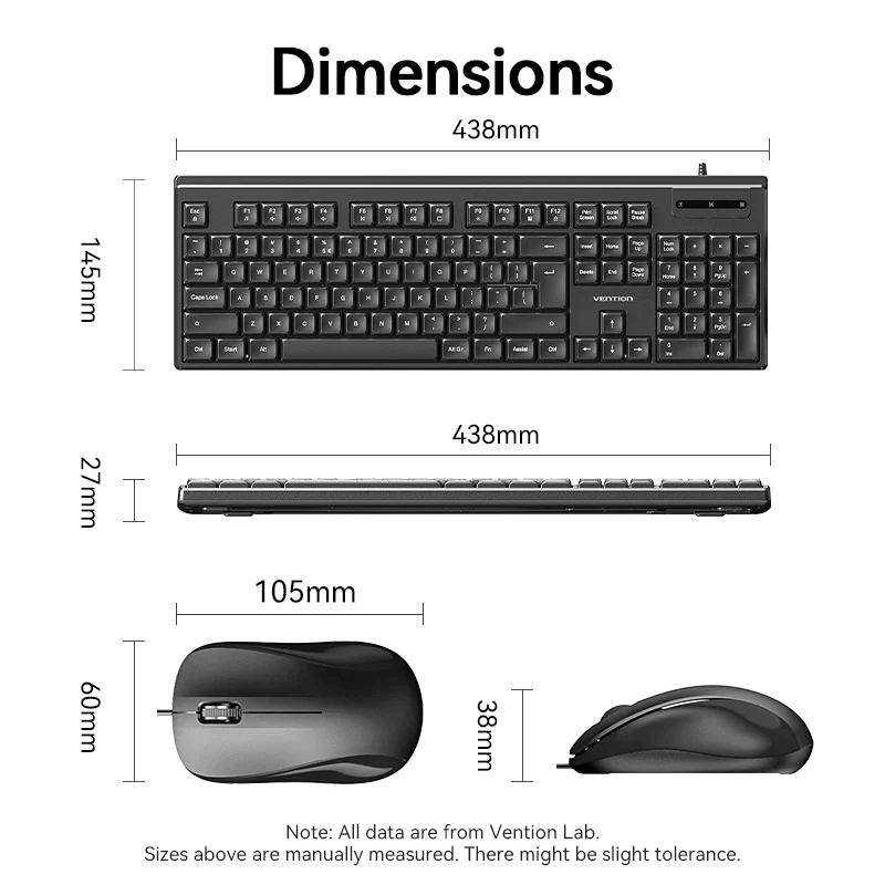 Vention USB Wired Full-Sized Silent Slim Keyboard and Mouse Combo dimensions diagram with measurements.