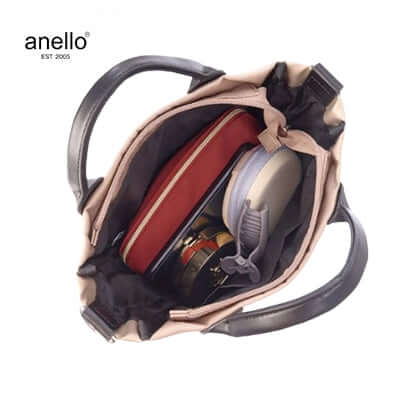 Inside view of Anello New Orchard 2Way Mini Tote Bag displaying organized essentials.
