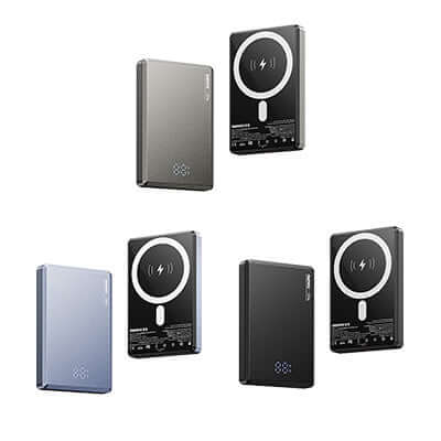 Remax RPP-109 Magnetic Wireless Charging Powerbank 10000mAh in various colors displayed on a white background.