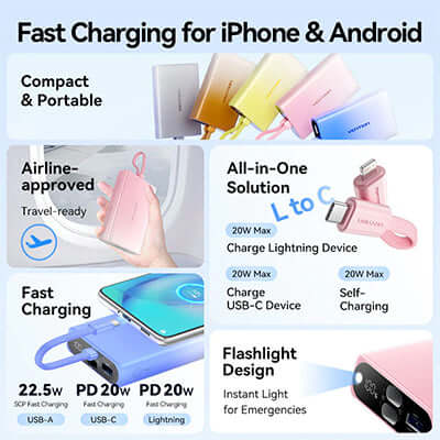 Vention 10000mAh Power Bank 22.5W LED Display with fast charging for iPhone and Android. Compact and airline-approved.