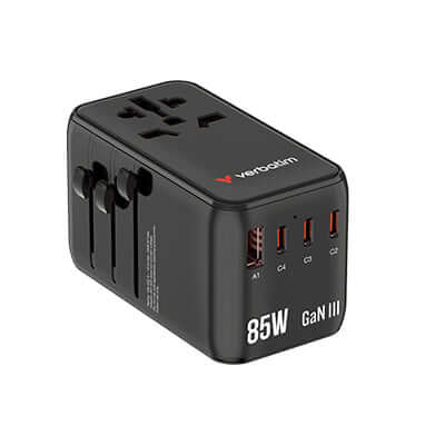 Verbatim Charge ‘n’ Travel Adapter 5 Port 85W Retractable Cable (CNT-02) with GaN III technology.