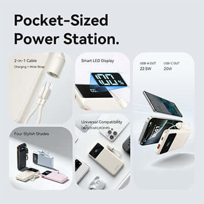 Vention 10000mAh Power Bank with Built-in Cable 22.5W, featuring compact design and smart LED display.