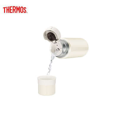 Thermos FFM-351 Bottle with Cup in Pearl White, showcasing its wide open stopper and cup feature.