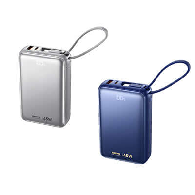 Remax 45W Fast Charging Powerbank with Dual Cables in silver and blue, ideal for corporate gifts.