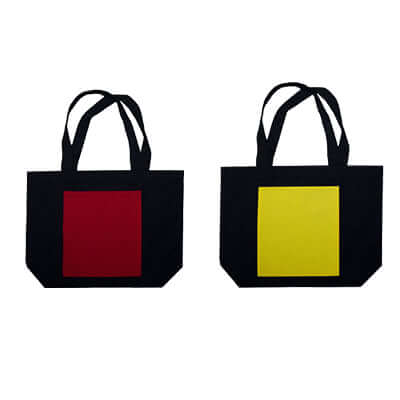 Natural Cotton Bag in two colors, one with red and one with yellow pocket, perfect for eco-friendly corporate gifts.
