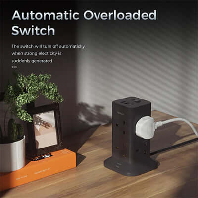 TESSAN Tower 8 Sockets Outlet Plug with 2 USB-A & 1 USB-C Ports featuring automatic overloaded switch.