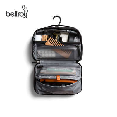 Bellroy Hanging Toiletry Kit open, showcasing organized toiletries and cosmetics, ideal for travel and corporate gift.