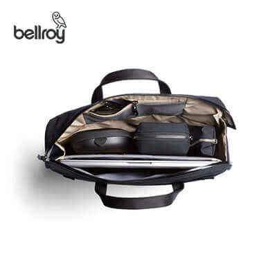 Interior view of the Bellroy Via Workbag showcasing organization for laptop and accessories, ideal for corporate gifts.