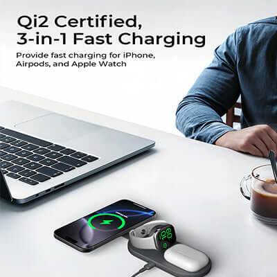 AUKEY LC-MC313 MagFusion C 3-in-1 Qi2 Foldable Wireless Charging Station on a desk with laptop and coffee.