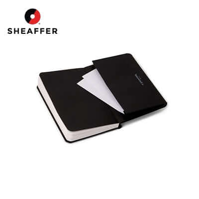 Sheaffer Strobe Silver Ballpoint Pen with Chrome Trims and Small Notebook Gift Set - open black notebook with white pages