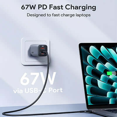 Aukey PA-B6U Omnia II Mix 67W UFCS 3-Port Wall Charger for fast charging laptops.