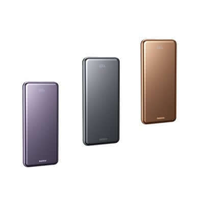 Remax FP-13 Ultra Slim Fast Charging Powerbank 5000mAh in three colors: purple, grey, and bronze.