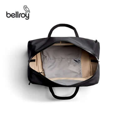 Bellroy Venture Duffel 55L open view showcasing interior organization and minimalist design.