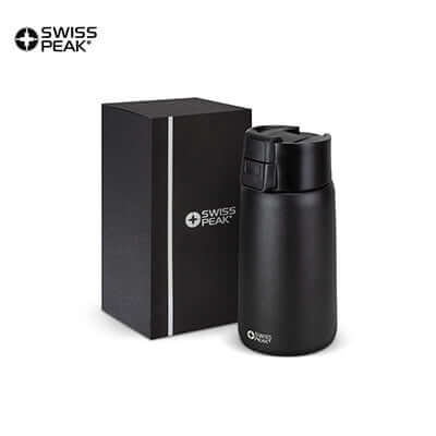 Swiss Peak Stealth Vacuum Mug in black with box, a premium corporate gift Singapore option.