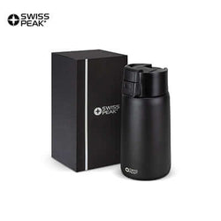 Swiss Peak Stealth Vacuum Mug in black with box, a premium corporate gift Singapore option.