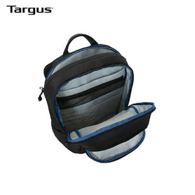 Inside view of the Targus 15-16" Transpire™ Advanced Backpack showing compartments and organizational features.