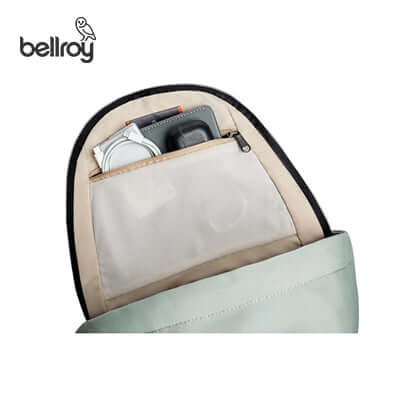 Interior view of Bellroy Classic Backpack Compact showing organized pockets for accessories and tech.