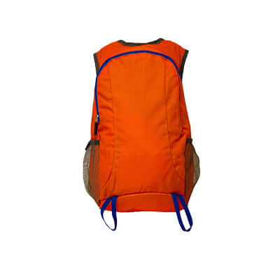 Waterproof Nylon Backpack in vibrant orange with blue accents, perfect for daily use and corporate gifts.