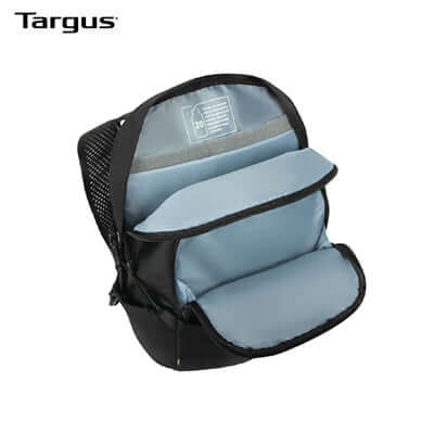 Targus 15-16" Zero Waste EcoSmart® Backpack interior view with compartments for laptop and accessories.
