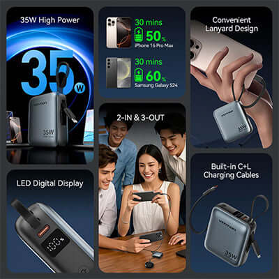 Vention 10000mAh Power Bank 35W fast charging with convenient lanyard and built-in cables for all devices.