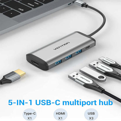 Vention 5-in-1 USB-C Docking Station with multiple ports for versatile connectivity and fast data transfer.