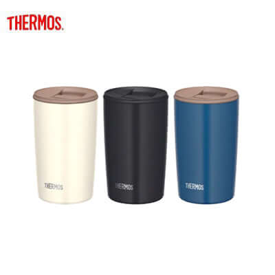 Thermos JDP-400 Dishwasher-Safe Tumbler Cup with Lid in three colors: white, black, and blue.
