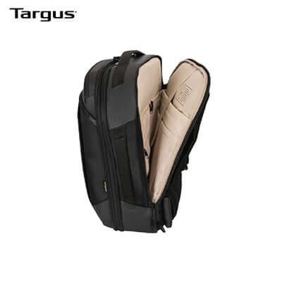 Targus 15.6” Mobile Tech Traveler XL EcoSmart® Backpack open showing interior compartments.