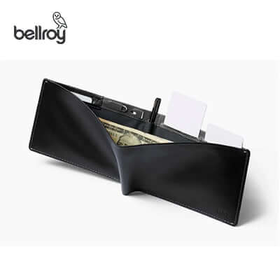 Bellroy Travel Wallet (RFID Protected) open showing cash and card sections, ideal as a Corporate Gift.