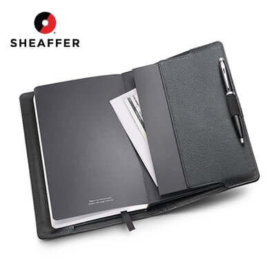 Sheaffer Gift Set 100 Ballpoint Pen with Leather Notebook Jacket open on desk