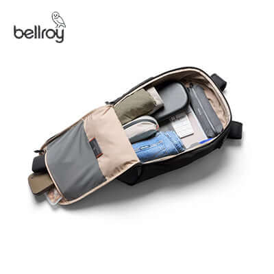 Interior view of Bellroy Transit Workpack 26L, organized with tech and notebooks, ideal for corporate gift.