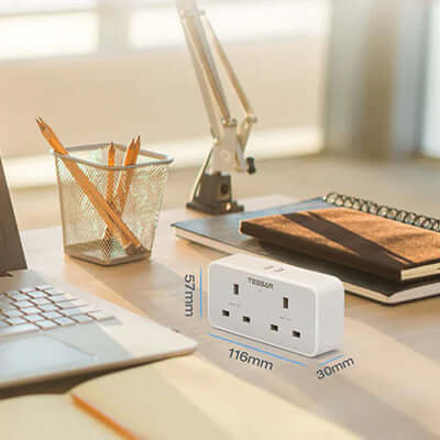 TESSAN Wall Socket Multi Plug Extension with 2 USB Port on a desk, showing 2 outlets and compact design for home or office.