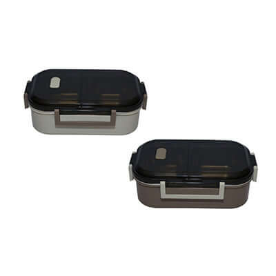 Stainless Steel Lunch box with 2 Slots in two color variants, ideal for meal storage and corporate gift.