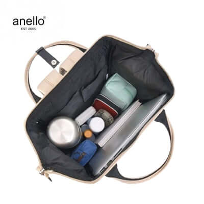 Anello New Orchard Kuchigane Backpack Slim interior showing organized compartments and essentials.