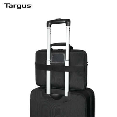 Targus 12-14" Slimcase mounted on a wheeled suitcase, showcasing its travel-friendly design for professionals.