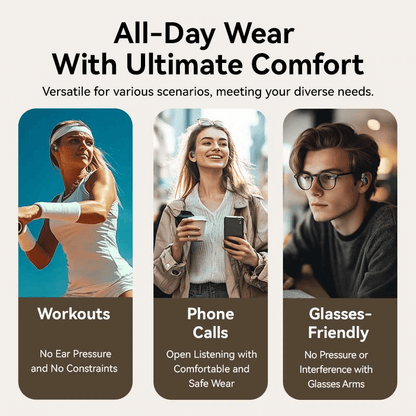 All-day wear with Vention Wireless Bluetooth Open Ear Headphones OpenBeat for workouts, calls, and glasses-friendly comfort.
