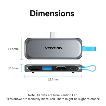 Dimensions of Vention 4-in-1 USB-C Cable-Free Docking Station showcasing its sleek design.