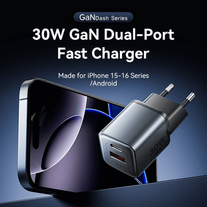 Vention 2-Port USB (C+A) GaN Charger 30W next to smartphone, showcasing fast charging technology.