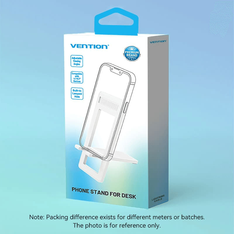 Vention Plastic Portable Phone Stand for Desk packaging showcasing adjustable viewing angles and lanyard hole.