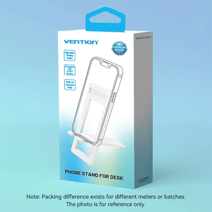 Vention Plastic Portable Phone Stand for Desk packaging showcasing adjustable viewing angles and lanyard hole.