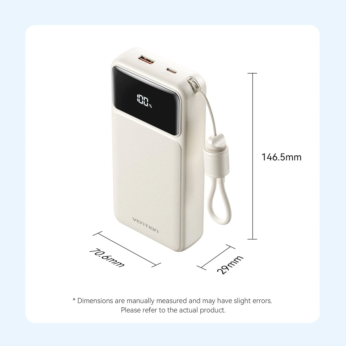 Vention 20000mAh Power Bank with Built-in Cable 22.5W showing dimensions and design features.
