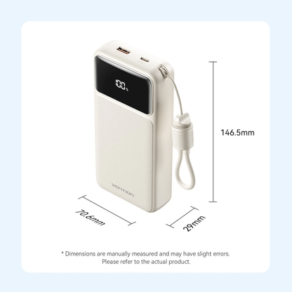 Vention 20000mAh Power Bank with Built-in Cable 22.5W showing dimensions and design features.