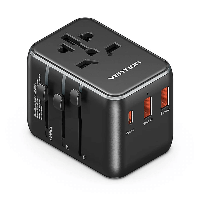 Vention 3-Port USB (C+A+A) Universal Travel Adapter 20W with multiple ports for international charging.