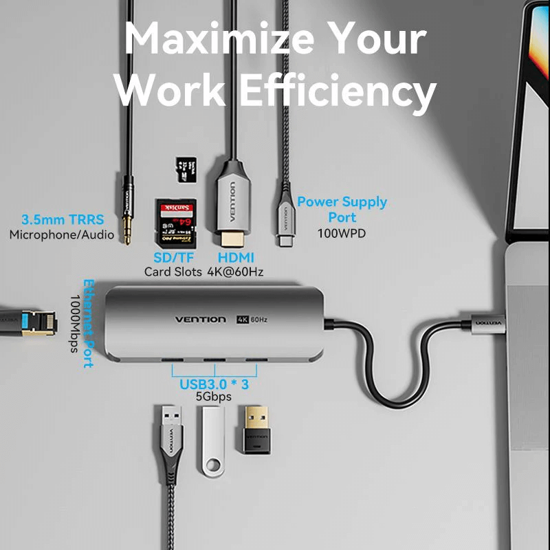Vention 9-in-1 USB-C Docking Station with Ethernet showcasing multiple connection ports for enhanced work efficiency.