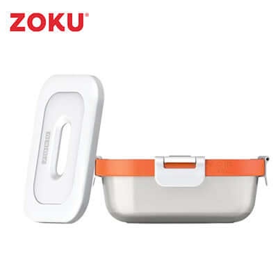 Zoku 3 Piece Neat Stack Food Container with watertight lid and orange color-coded band for easy storage.