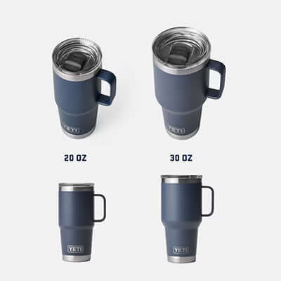 Yeti Rambler® 20 oz Travel Mug with Stronghold™ Lid and 30 oz comparison in navy color.
