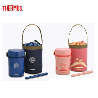 Thermos JBC-801 Lunch Tote in blue and pink, featuring microwave-safe food containers and chopsticks.