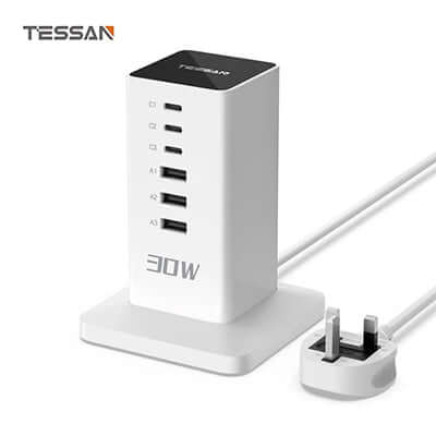 TESSAN 30W Desktop 6-Port Charging Hub With USB C for efficient charging and reducing cable clutter.