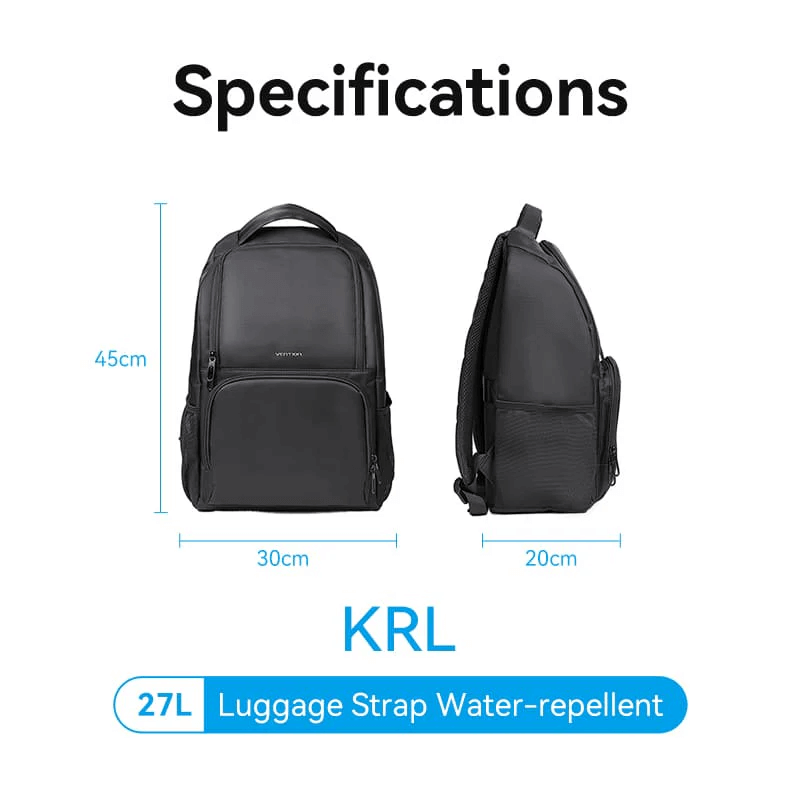 Vention Water-Repellent Laptop Backpack KRLB0 specifications with dimensions and luggage strap features