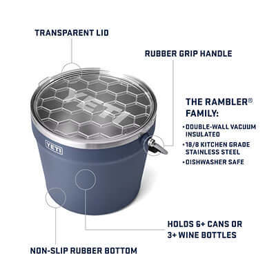 Yeti Rambler® Beverage Bucket with Lid features a rubber grip handle and transparent lid, perfect for outdoor gatherings.