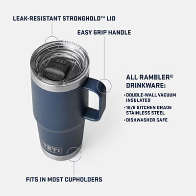 Yeti Rambler® 20 oz Travel Mug with Stronghold™ Lid features leak-resistant lid and easy grip handle.